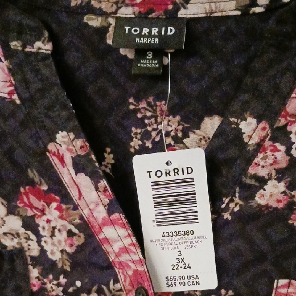 Torrid Floral Blouse with Pink and Black Design - Picture 2 of 5